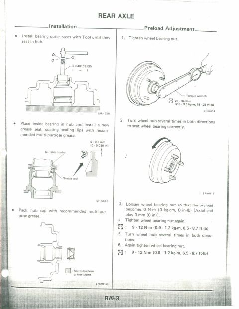 1990 Nissan Micra - This document provides step-by-step instructions for rear axle installation and preload adjustment, including torque specifications.