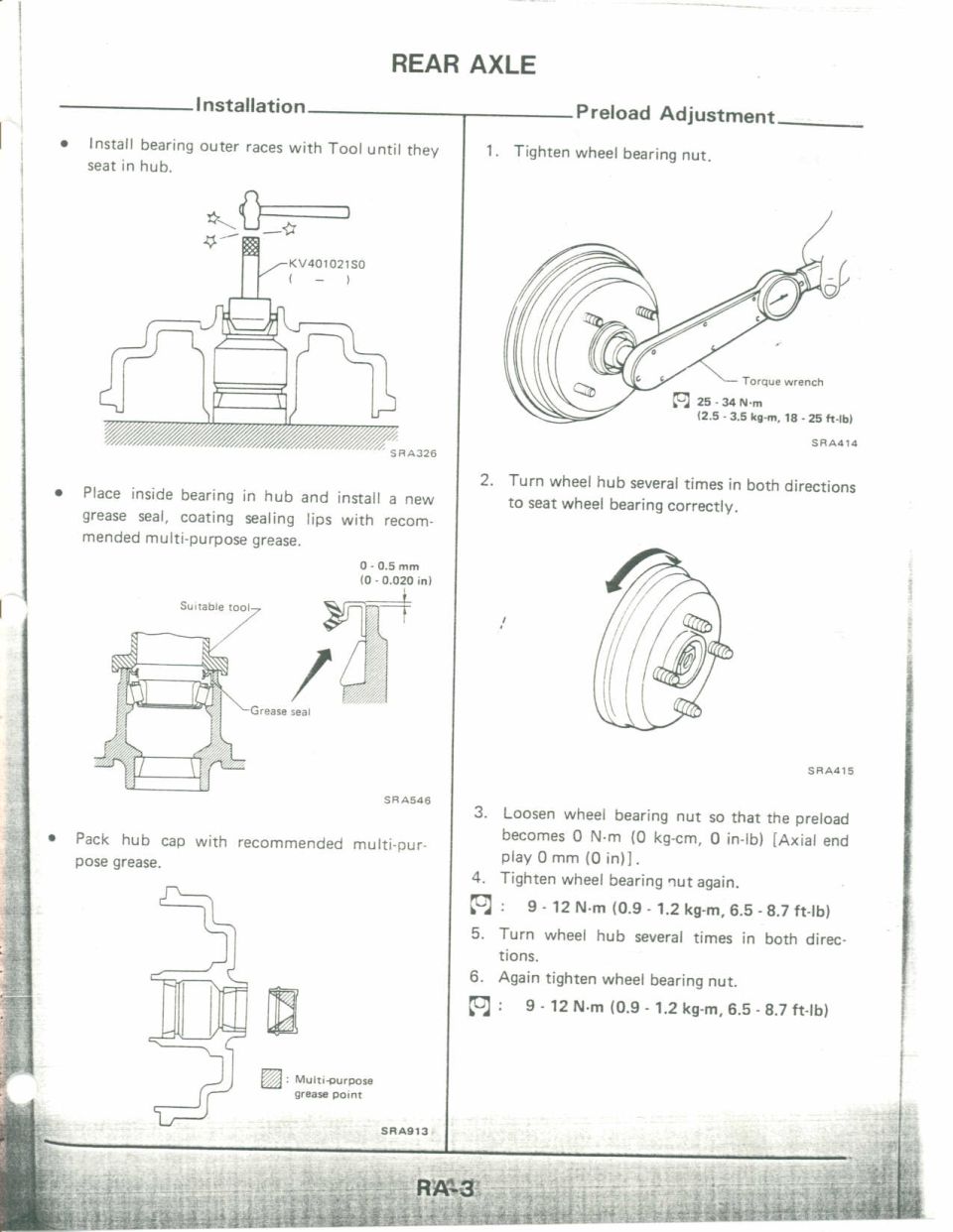 Rear axle bearing installation and preload adjustment steps with figures