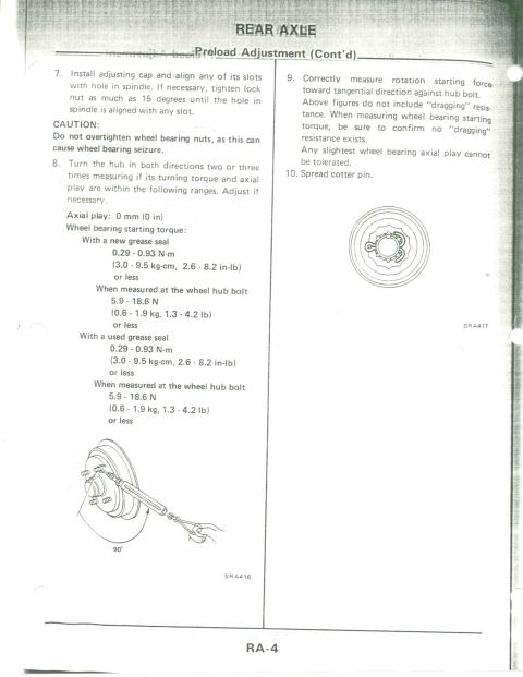 1990 Nissan Micra - This document page covers rear axle preload adjustment procedures and specifications.