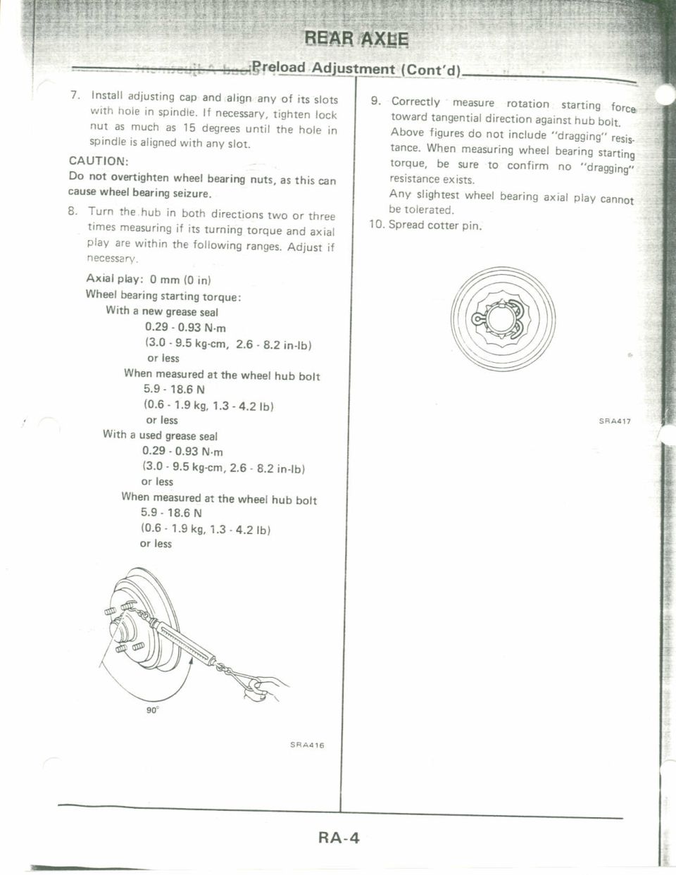 Rear axle wheel bearing preload adjustment procedure with starting-torque and axial-play specs