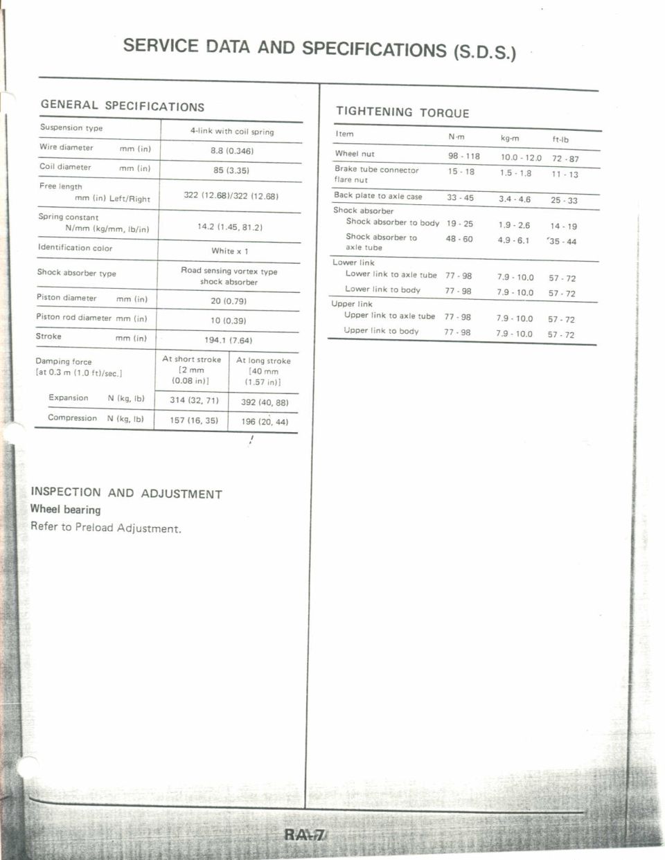 Rear suspension general specifications and tightening torque chart: 4-link coil-spring, shock absorber, links
