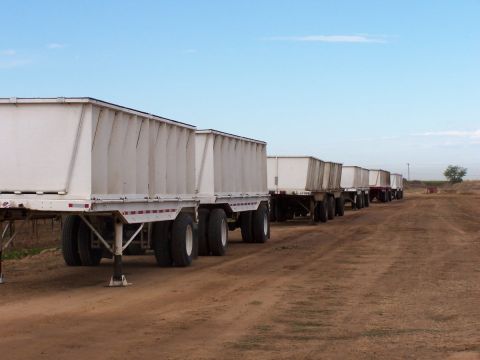1979 Ford Bronco - Multiple white semi-trailers are lined up on a dirt road with a clear blue sky above.
