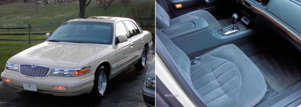 Gold full-size sedan front 3/4 view and gray cloth interior with console shifter