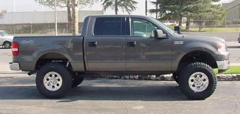 2004 Ford F-150 - A lifted 2004 Ford F-150 pickup truck is parked on a street, viewed from its side profile.