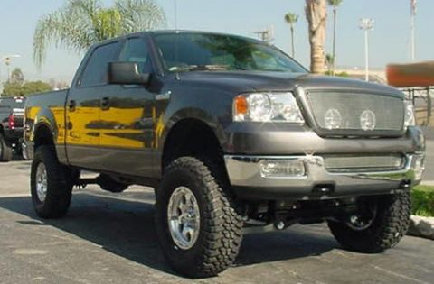 2004 Ford F-150 - This lifted 2004 Ford F-150 features a distinctive chrome grille and off-road tires, ready for any terrain.