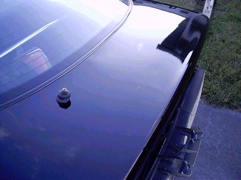 Dark blue car rear deck with antenna and defrosted rear window