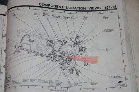 1994 Ford Bronco - Service manual component-location-views page showing connector and module locations behind the instrument panel.