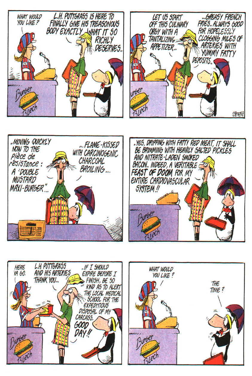 Comic strip showing a man ordering a large meal