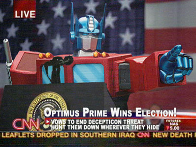 1986 Ford Bronco - Optimus Prime figure appears to win an election, according to a CNN news broadcast.