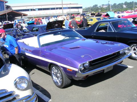 1996 Ford Probe - A purple 1970 Dodge Challenger convertible is displayed at a car show alongside other vehicles.