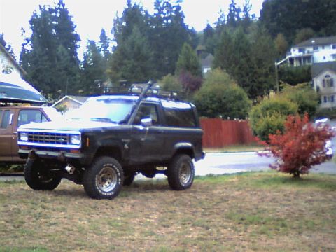 1987 Ford Bronco II - A black 1987 Ford Bronco II is parked on a grassy area next to another vehicle.