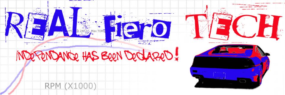 1986 Pontiac Fiero rear view, blue and red, next to dyno graph and text 'REAL Fiero TECH'