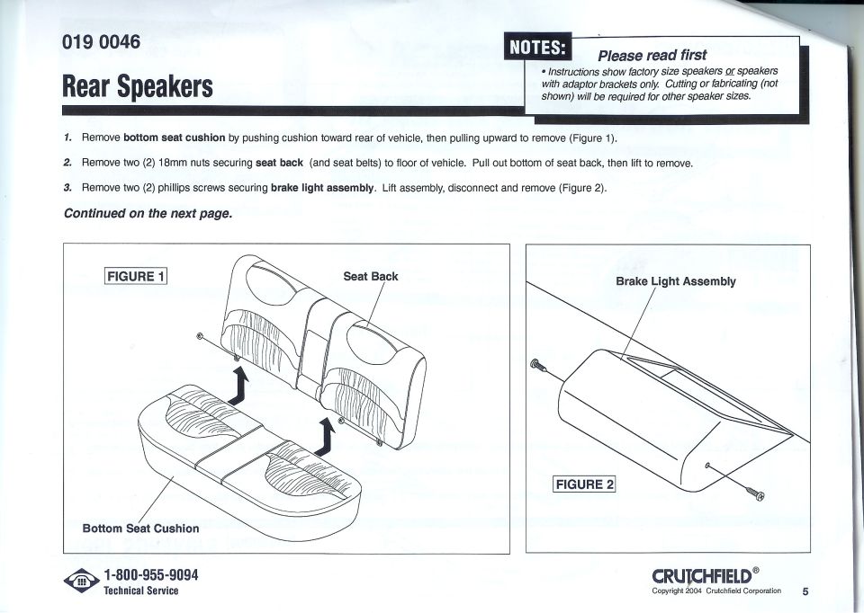 Crutchfield 019 0046 rear speaker install page showing seat back, bottom cushion and brake light removal