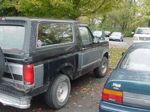 1993 Ford Bronco - A black Ford Bronco is parked in a lot with fallen leaves on the ground.
