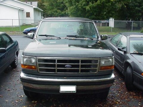 1993 Ford Bronco - A dark green 1992 Ford Bronco is parked on a wet asphalt surface, surrounded by fallen leaves.