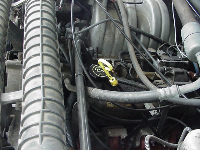 close-up of engine bay with oil cap and various hoses and wires