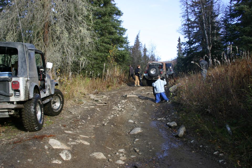 Several Jeep Wranglers driving on a rocky, wooded trail. The lead Jeep is a 2003 model