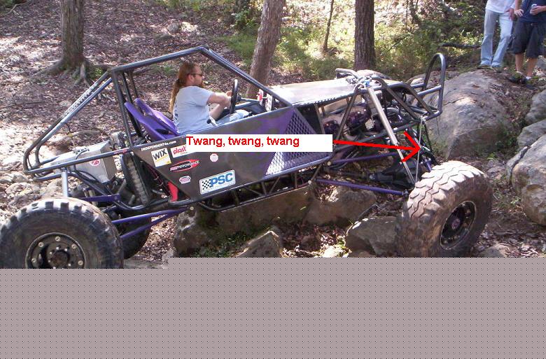 Purple tube-frame rock buggy on rocks with an annotated red arrow at the rear suspension