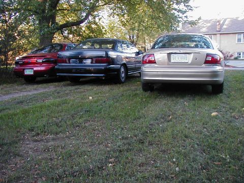 1990 Ford Taurus - Three sedans are parked on a grassy area under trees, viewed from the rear.