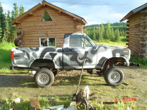 1986 Ford F-150 - A lifted pickup truck with a custom camouflage paint scheme sits in a rural setting.