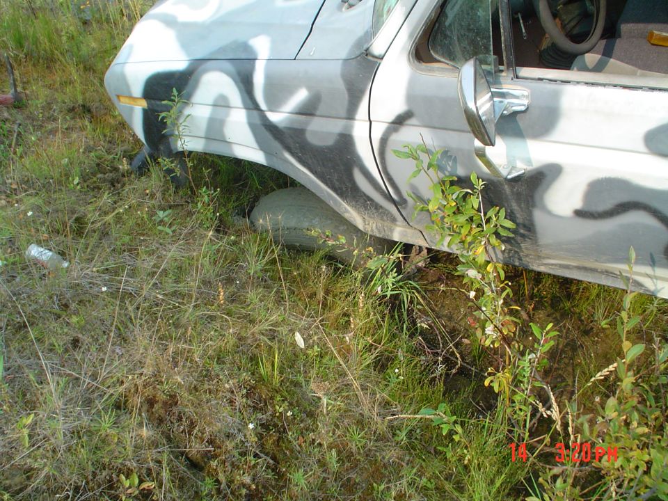 Camouflaged Ford F-150 truck, front passenger side, with flat tire and overgrown vegetation