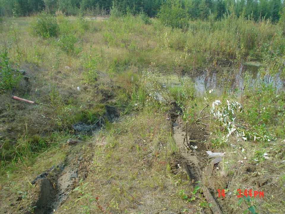 Muddy ditch with tire tracks and vegetation, water in background