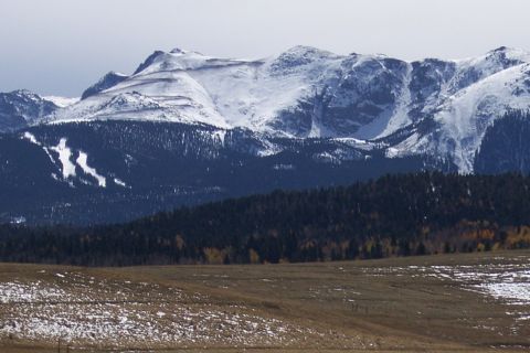 1972 Ford Ranchero - Snowy mountain range with pine forest and a field in the foreground.