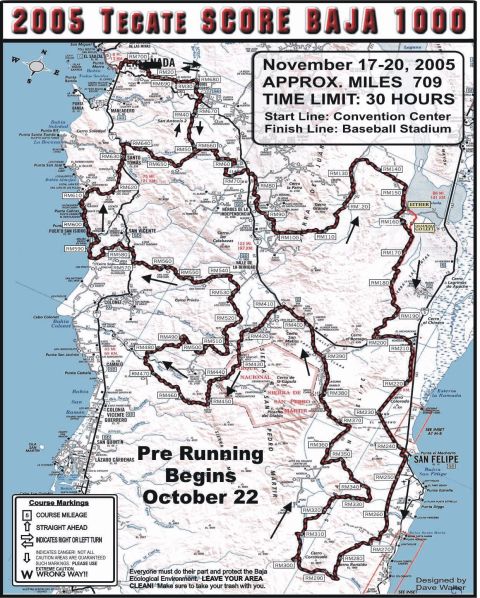 1990 Ford Bronco - race course map for the 2005 SCORE Baja 1000 showing the route through Baja California, not a vehicle technical document.