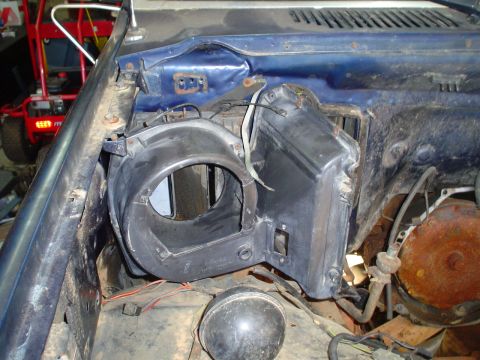 1984 Ford Bronco - HVAC blower motor housing removed for interior rebuild.