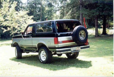 1989 Ford Bronco - This two-tone black and silver SUV is shown from the rear, a spare tire mounted externally.