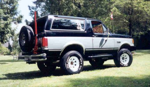 1989 Ford Bronco - Rear three-quarter view of a two-tone black-over-white Ford Bronco with a removable hardtop, parked on a grassy lawn under trees. It carrie…