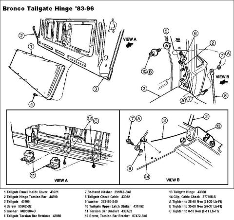 1983 Ford Bronco - Hinges, Torque Rod, & '83-96 Strikes. The strike bolt is the only thing in this diagram specific to '83-96. Everything else applies to '78-…