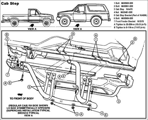 1983 Ford Bronco - Cab Step IF THE IMAGE IS TOO SMALL, click it. Passenger step is 16A740; driver is 16A741 INSTALLATION 1) Install bracket 7 using existing s…
