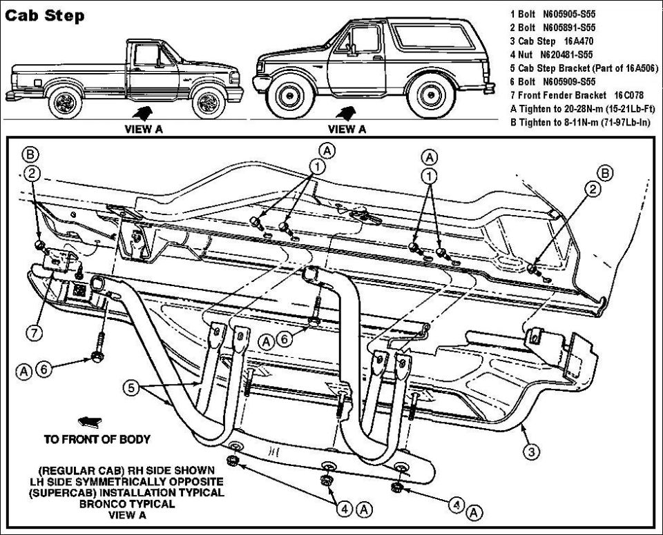 Ford diagram titled Cab Step showing pickup and Bronco with running board hardware callouts