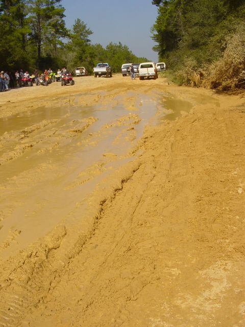 1989 Ford Bronco - Off-road vehicles navigate a very muddy track with trees and clear sky in the background.