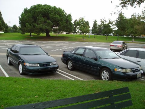 1993 Ford Taurus - Two Ford Taurus sedans are parked side-by-side in a parking lot with a grassy area in the foreground.