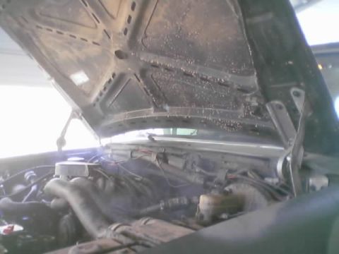 1990 Ford Bronco - View under a raised hood showing the grimy, dust-speckled hood insulation pad above a dirty engine bay.
