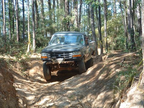 1993 Ford Bronco - A 1993 Ford Bronco navigates a challenging dirt path surrounded by a dense forest.