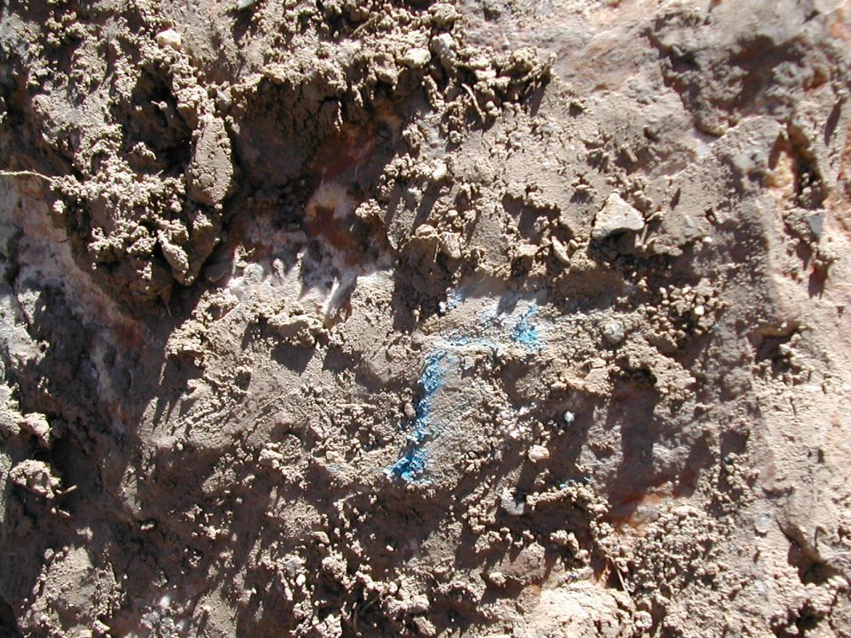 Close-up of dirt and rocks with blue chalk marks