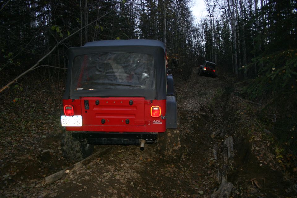 Red Jeep Wrangler rear view on a forest trail