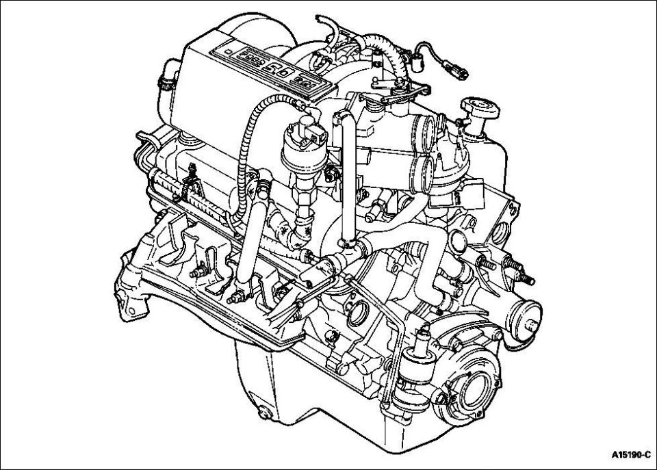Line-art service manual diagram of a Ford V engine assembly, labeled A15190-C