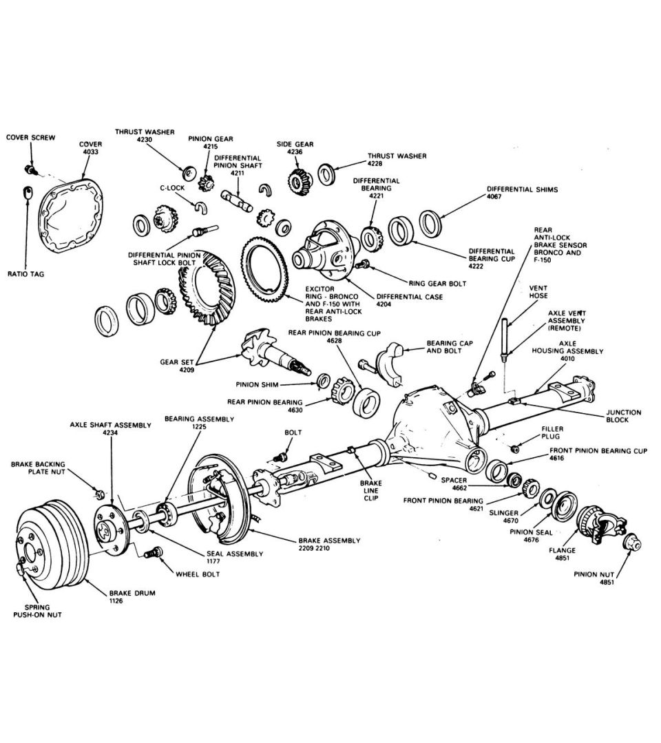 Exploded rear axle/differential diagram with part numbers, ring and pinion, axle shafts and brake assembly