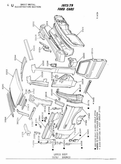 1992 Ford Bronco - This diagram illustrates various upper body sheet metal components for 1973-1979 Ford Cars, including parts for the Bronco.