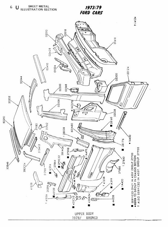 Exploded sheet metal upper body parts diagram for 1973-79 Ford with part numbers