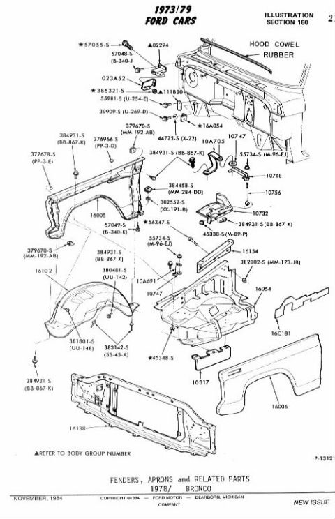 1992 Ford Bronco - Technical diagram illustrating various body parts and their assembly for 1973-1979 Ford cars.
