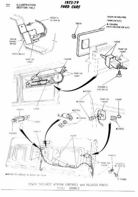 1992 Ford Bronco - Illustration detailing the power tailgate window controls for 1973-1979 Ford Cars.