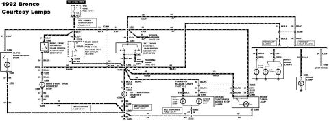 1992 Ford Bronco - This diagram illustrates the wiring for the courtesy lamps in a 1992 Bronco, detailing connections for various interior lights.