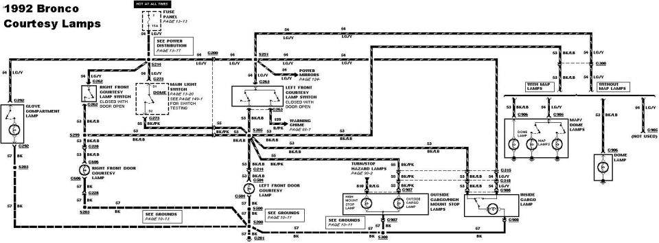1992 Bronco courtesy lamps wiring diagram with color-coded circuits