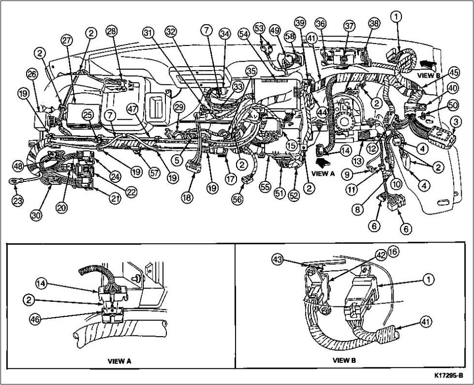 Dash wiring harness and connector location diagram with numbered callouts