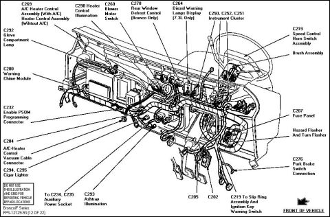 1992 Ford Bronco - This is a technical illustration detailing the electrical system components within the dashboard area of a vehicle.